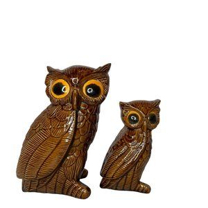 Vintage MCM 70s Style Ceramic Owls Crazy Eyes Brown With Yellow Eyes Mom & Baby